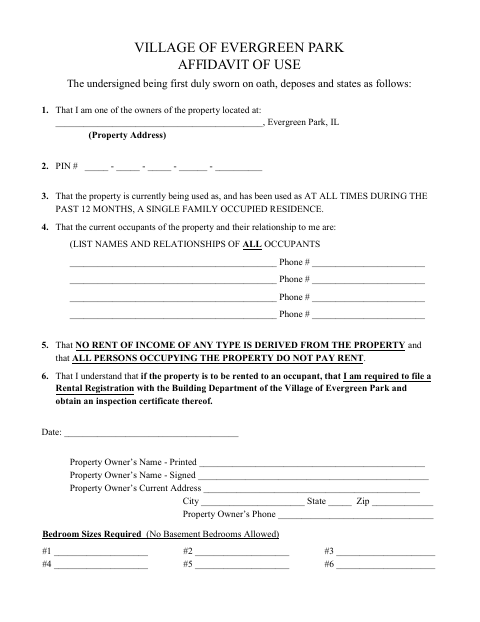 First page of the Affidavit of Use (Property)