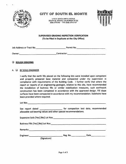 First page of the Supervised Grading Inspection Verification Form