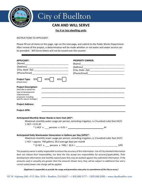First page of the Can and Will Serve for 4 or Less Dwelling Units