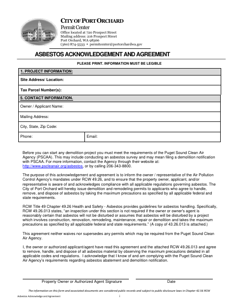 First page of the Asbestos Acknowledgement and Agreement
