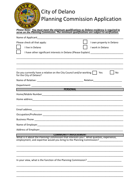 First page of the Planning Commission Application