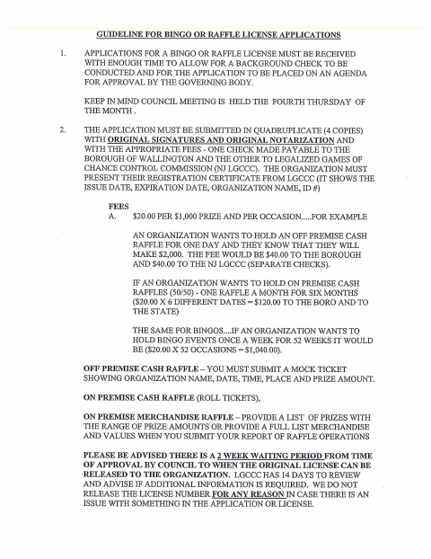 First page of the Raffle License Application and Guidelines