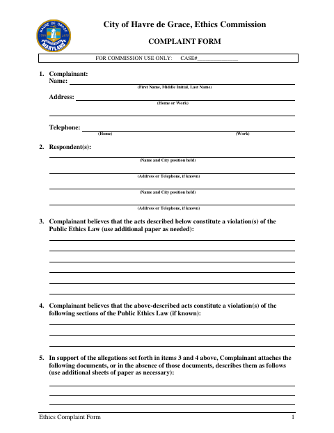 First page of the Ethics Complaint Form