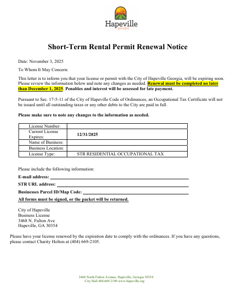 First page of the 2026 Short-Term Rental Renewal Packet