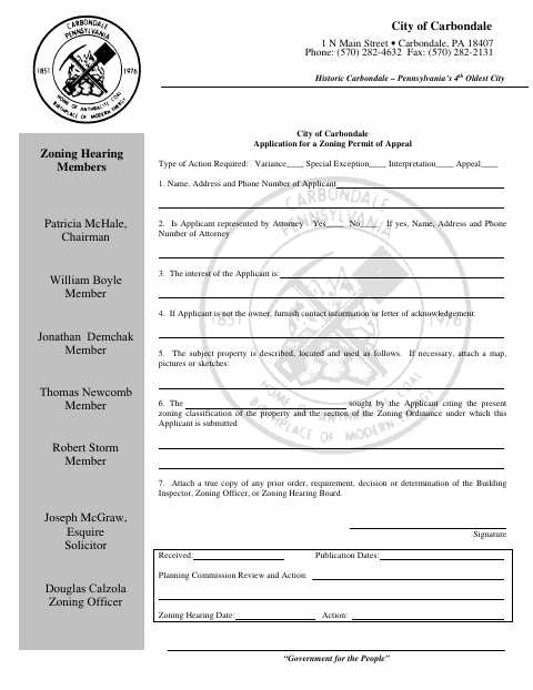 First page of the Application for a Zoning Permit of Appeal