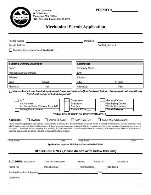 First page of the Mechanical Permit Application