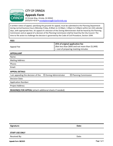 First page of the Appeals Form