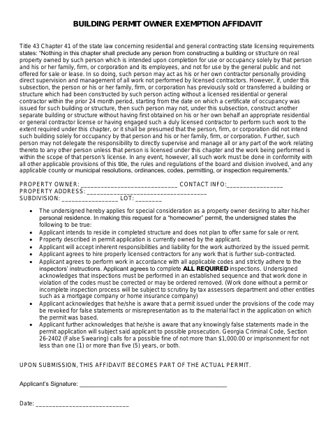 First page of the Building Permit Owner Exemption Affidavit