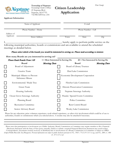 First page of the Citizen Leadership Application