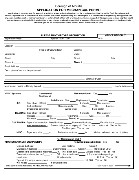 First page of the Application for Mechanical Permit