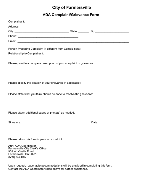First page of the ADA Complaint/Grievance Form