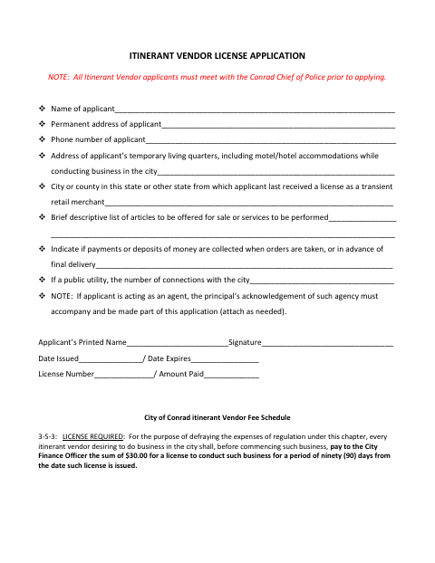 First page of the Itinerant Vendor License Application