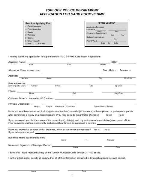 First page of the Application for Card Room Permit