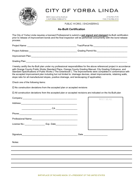 First page of the As-Built Certification