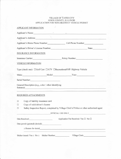 First page of the Application for Non-Highway Vehicle Permit