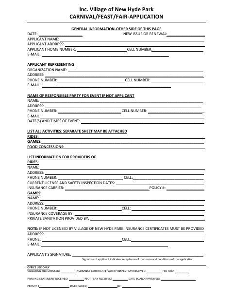 First page of the Carnival/Feast/Fair Application