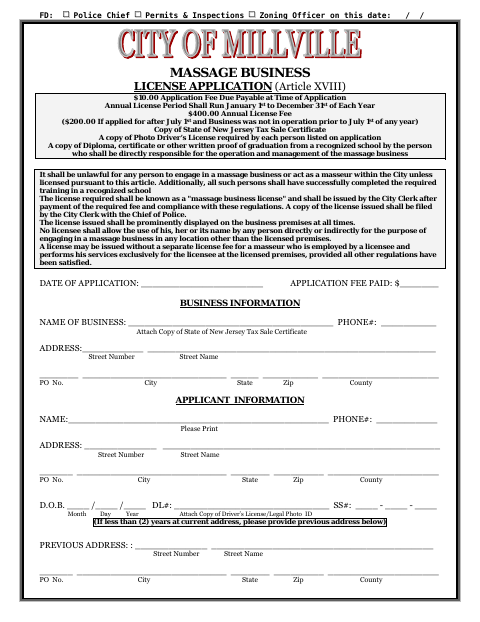First page of the Massage Business License Application