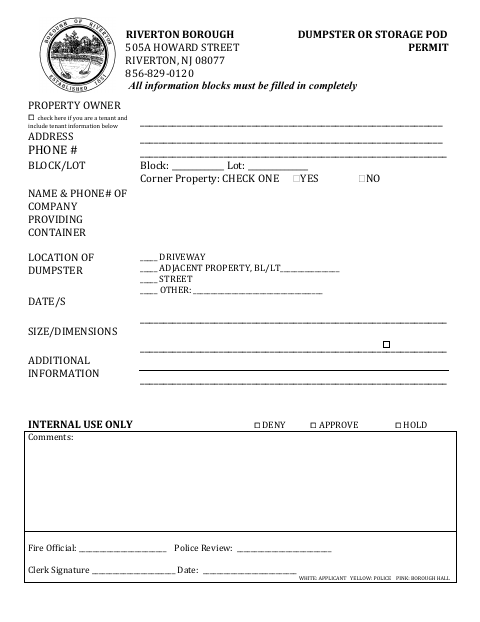 First page of the Dumpster Or Storage Pod Permit