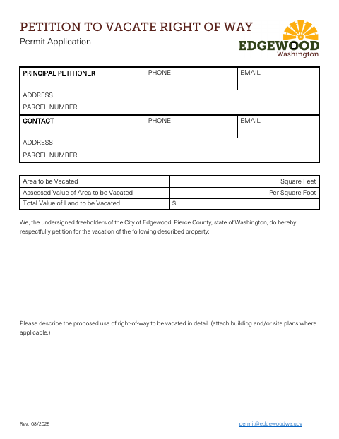 First page of the Petition to Vacate Right of Way Permit Application