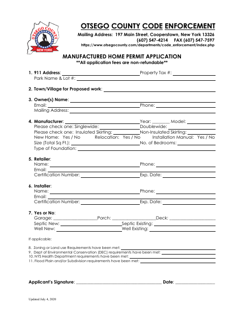 First page of the Manufactured Home Permit Application