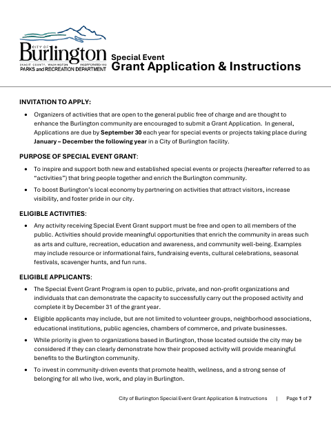 First page of the Special Event Grant Application