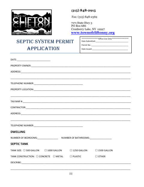 First page of the Septic System Permit Application