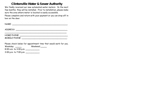 First page of the Water Meter Installation Appointment Postcard