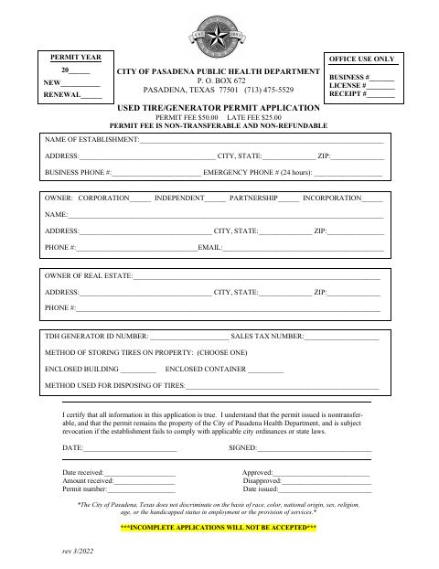 First page of the Used Tire/Generator Permit Application