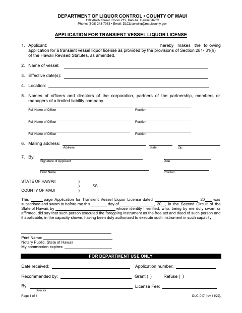 First page of the Application for Transient Vessel Liquor License