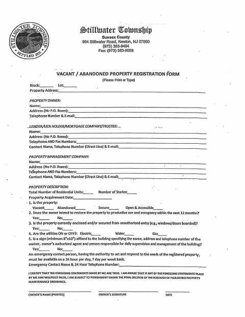 First page of the Vacant and Abandoned Home Registration Form