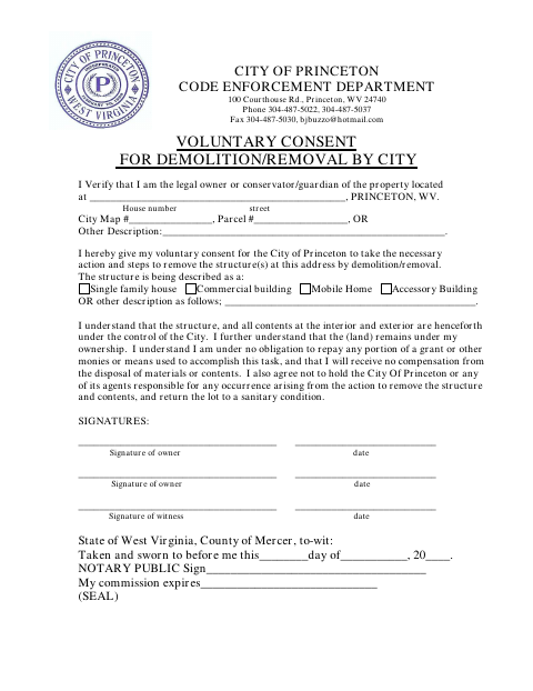 First page of the Voluntary Consent for Demolition or Removal