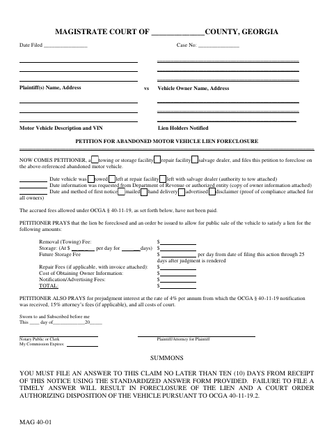 First page of the Petition for Abandoned Motor Vehicle Lien Foreclosure