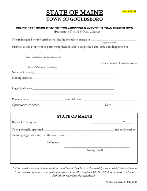 First page of the Certificate of Sole Proprietor Adopting Assumed Name