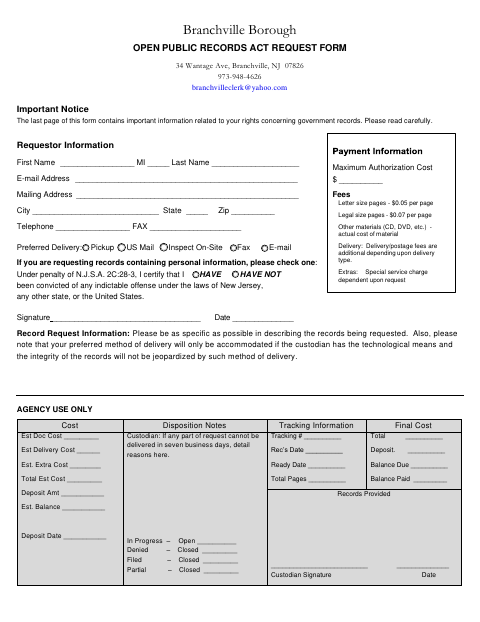 First page of the Open Public Records Act Request Form