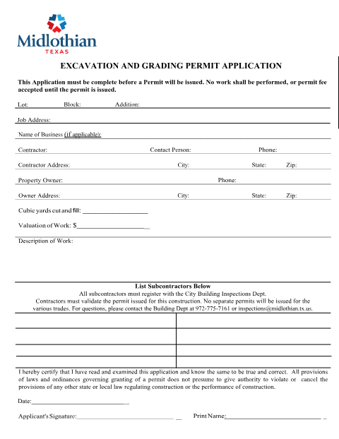 First page of the Excavation and Grading Permit Application