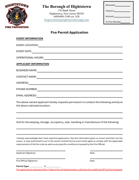 First page of the Fire Permit Application