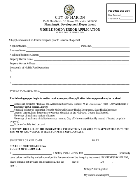 First page of the Mobile Food Vendor Application
