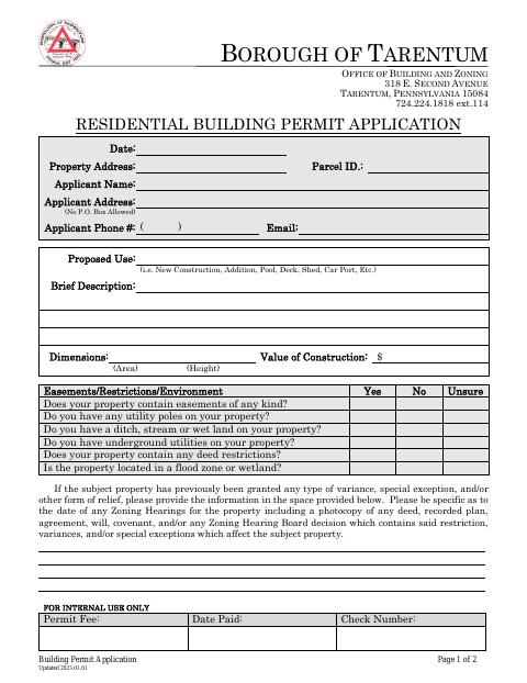 First page of the Residential Building Permit Application