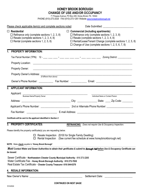 First page of the Change of Use and/or Occupancy
