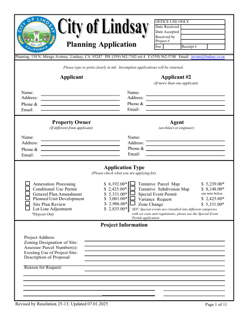 First page of the Planning Project Application