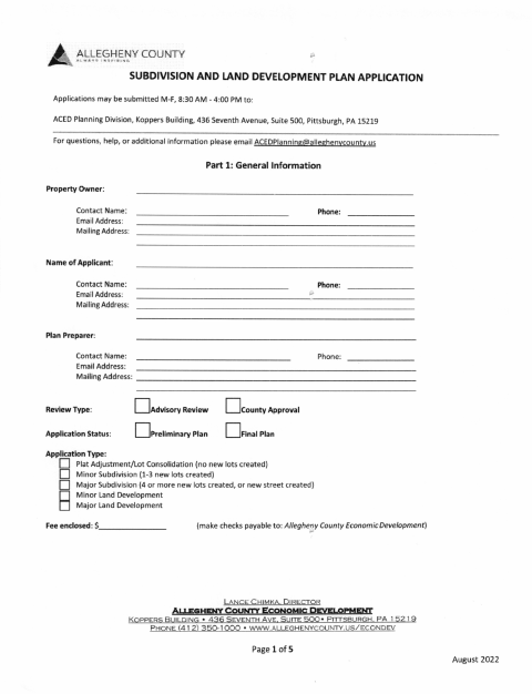 First page of the Subdivision and Land Development Plan Application