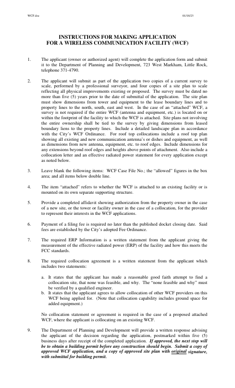 First page of the Wireless Communication Facility Application
