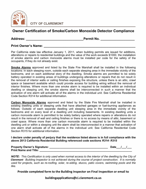 First page of the Owner Certification of Smoke/Carbon Monoxide Detector Compliance