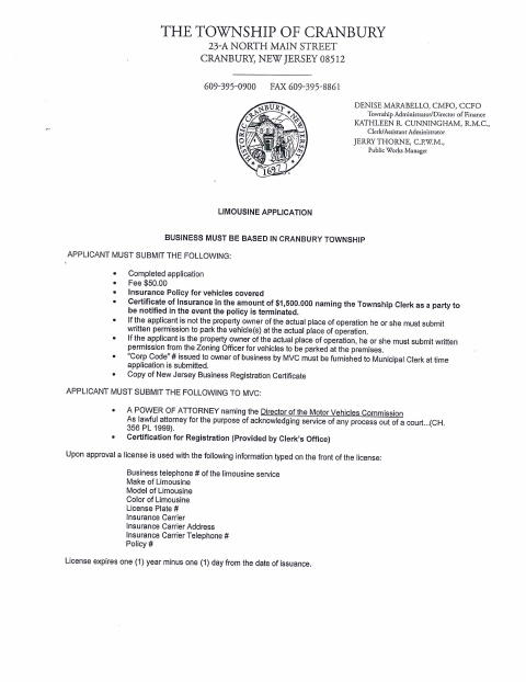 First page of the Limousine License Application