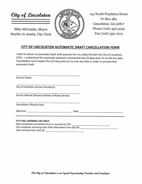 First page of the Automatic Draft Cancellation Form