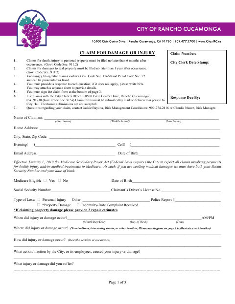 First page of the Claim for Damage or Injury