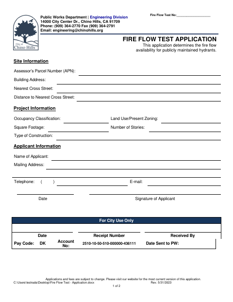 First page of the Fire Flow Test Application