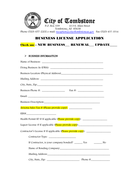 First page of the Business License Application