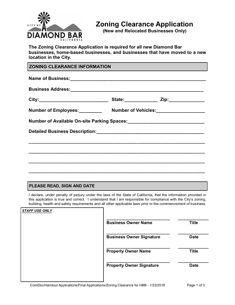 First page of the Zoning Clearance Application
