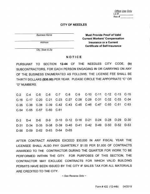 First page of the Subcontractor Business License Renewal